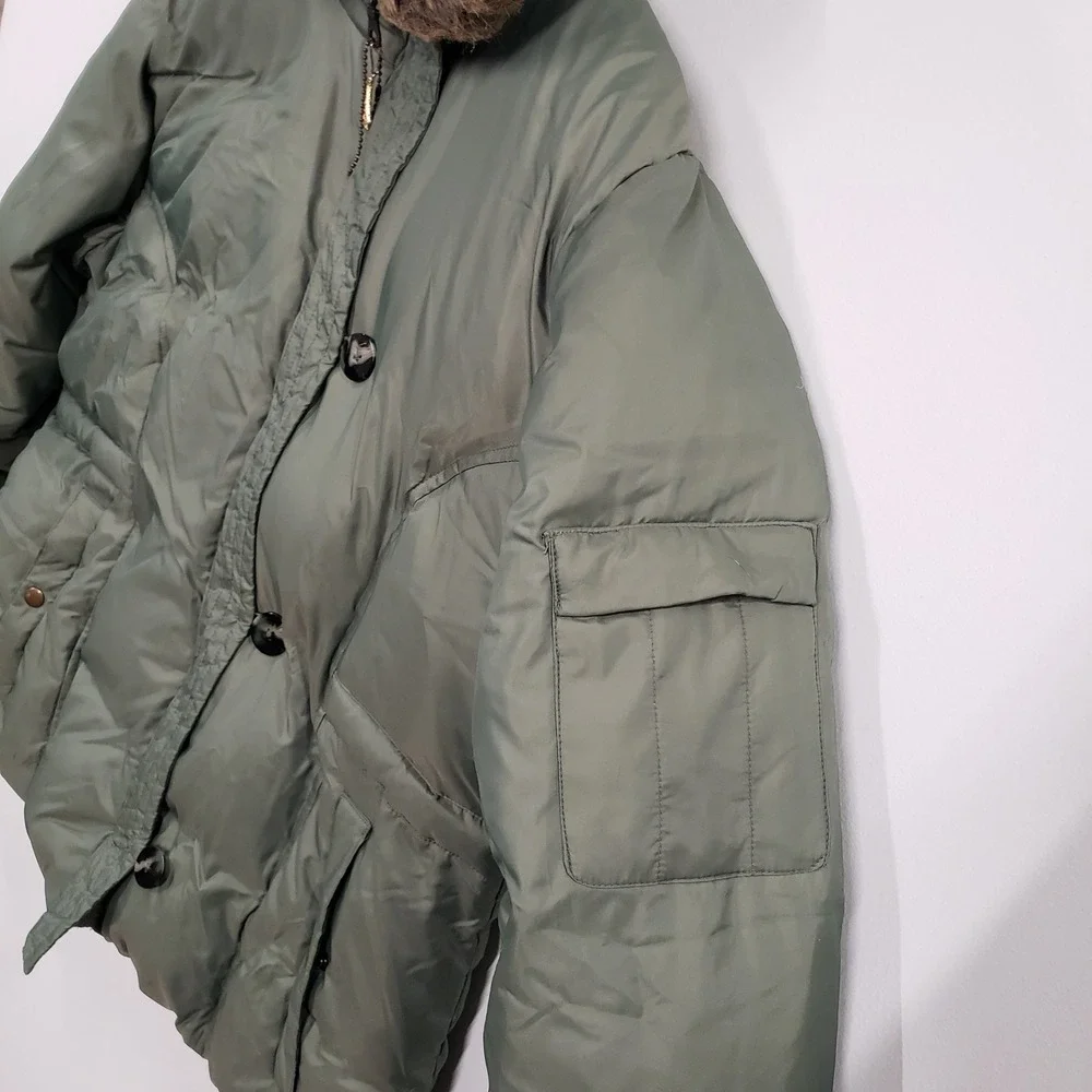 Y2K Fashion Bug Womens Olive Green Down Puffer Jacket Faux Fur Trim Hood 14/16W - Picture 4 of 10